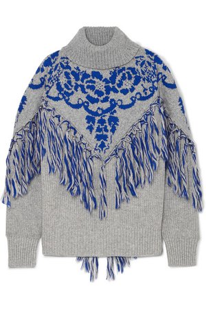 Sacai | Tasseled cape-effect wool-blend jacquard turtleneck sweater | NET-A-PORTER.COM