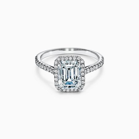 Tiffany Soleste Emerald-cut Halo Engagement Ring with a Diamond Platinum Band