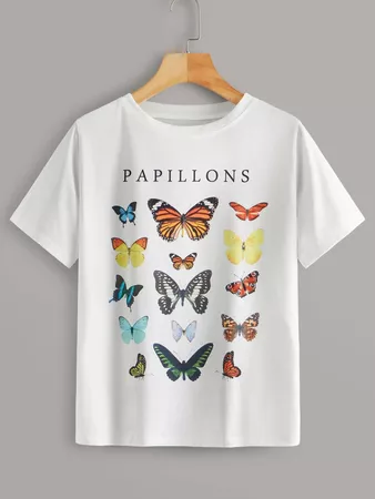 Letter & Butterfly Print Tee | SHEIN USA