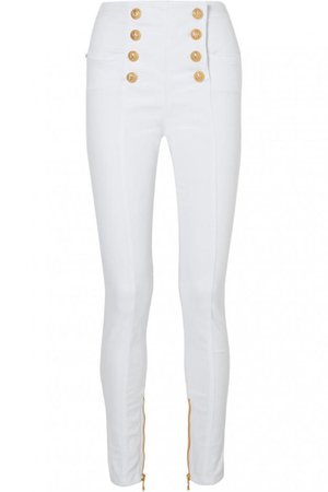 Button-embellished high-rise skinny jeans White, Balmain