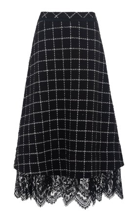 Young Blood Lace-Trimmed Checked Wool-Blend A-Line Midi Skirt by nevenka | Moda Operandi