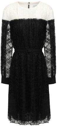 Aghal Belted Pleated Two-tone Lace Dress