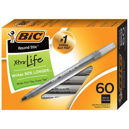 BIC Round Stic Xtra Life Ball Pen, Classic Medium Point (1.0mm), Black - Box of 60 Ballpoint Pens, Smooth Writing Experience - Walmart.com - Walmart.com