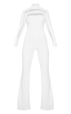 White High Neck Mesh Insert Long Sleeve Jumpsuit | PrettyLittleThing USA