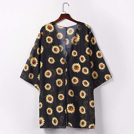 Women's Sunflower Print Chiffon Cover Blouse Beach Kimono Long Cardigan Shawl Tops Outwear Black at Amazon Women’s Clothing store