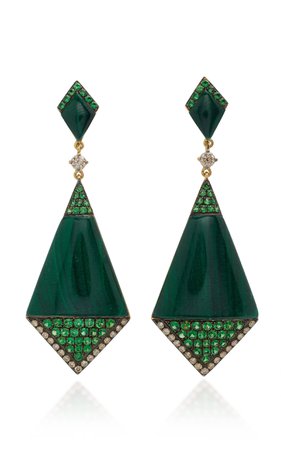 18K Gold, Malachite, Tsavorite and Diamond Earrings by Wendy Yue | Moda Operandi