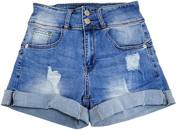 HOCAIES Women's Juniors Mid Rise Jean Shorts Folded Hem Denim Shorts for Women (8, Light Sky Blue) at Amazon Women’s Clothing store