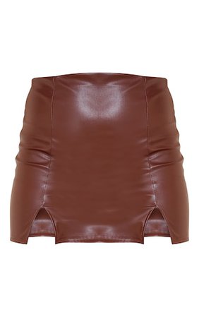 Chocolate Faux Leather Split Hem Mini Skirt | PrettyLittleThing USA