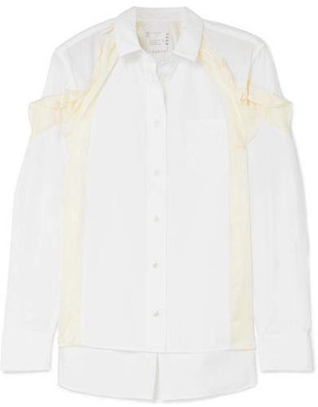 Ruffled Satin-paneled Poplin Shirt - White