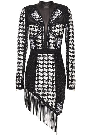 Black Fringed embellished open knit and woven leather mini dress | Sale up to 70% off | THE OUTNET | BALMAIN | THE OUTNET