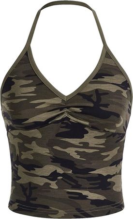 SOLY HUX Women's Camo Print V Neck Sleeveless Halter Tops Ruched Backless Cami Top Green Camo S at Amazon Women’s Clothing store