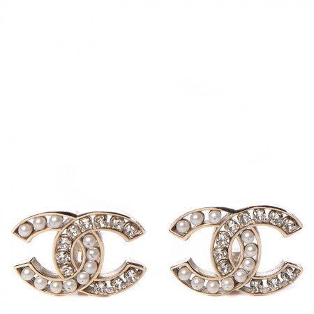 CHANEL Crystal Pearl CC Clip On Earrings Light Gold 491050