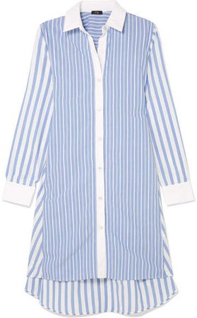 Belted Striped Cotton Shirt Dress - Blue