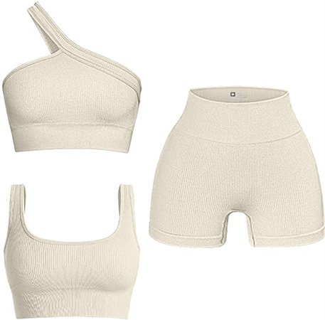 Amazon.com: OQQ Women's 3 Piece Outfits Ribbed Seamless Exercise Scoop Neck Sports Bra One Shoulder Tops High Waist Shorts Active Set Beige : Clothing, Shoes & Jewelry