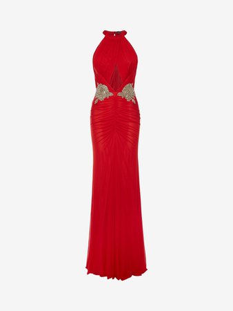 Women's Lust Red Halterneck Embroidered Evening Dress | Alexander McQueen