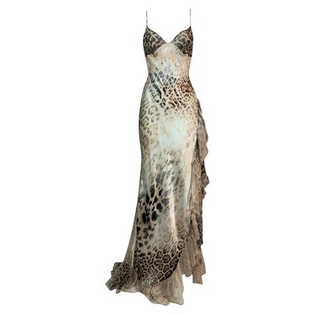 *clipped by @luci-her* F/W 2000 Roberto Cavalli Sheer Silk Leopard High Slit Ruffle Gown Dress For Sale at 1stDibs