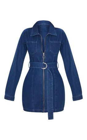 Dark Blue Wash Zip Up Belted Long Sleeve 2 Pocket Denim Dress | PrettyLittleThing