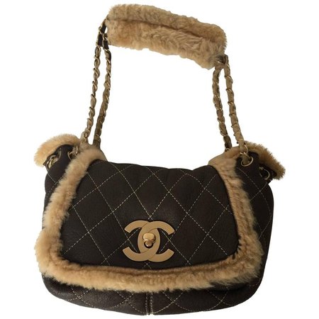 Rare and Chic Chanel Brown Quilted Suede and Shearling Flap Bag For Sale at 1stdibs