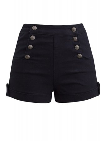 Double Trouble Women's High Waist Sailor Girl Black Denim Shorts with Anchor Buttons