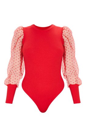 Red Dobby Mesh Sleeve Bodysuit | Tops | PrettyLittleThing