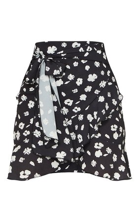 Black Ditsy Tie Frill Edge Wrap Mini Skirt | PrettyLittleThing USA