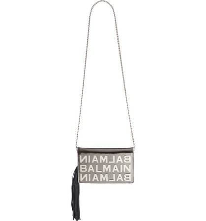 Balmain Mirrored Logo Leather Crossbody Grey