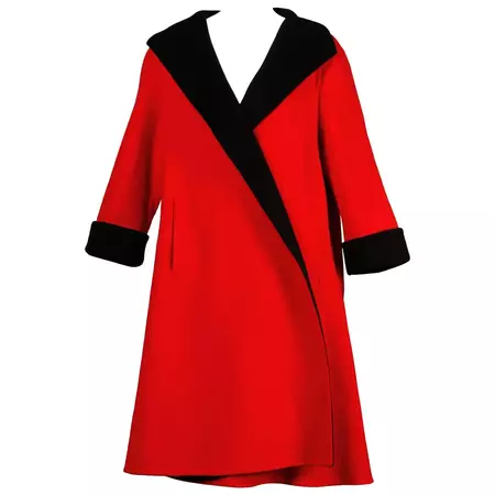 Pauline Trigere 1960s Vintage Red + Black Wool Swing Coat For Sale at 1stDibs | red swing coat