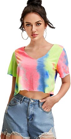 SweatyRocks Women's Casual V Neck Short Sleeve Basic Solid Crop Top T-Shirt Burgundy S at Amazon Women’s Clothing store