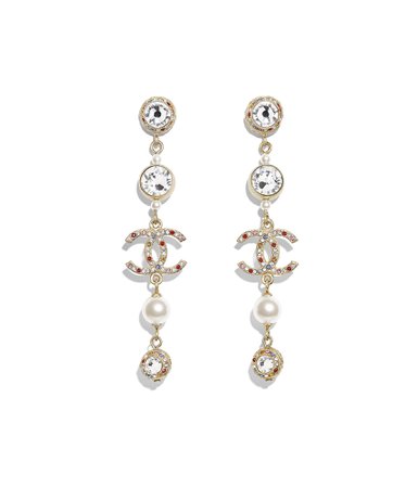 Earrings, metal, glass pearls & strass, gold, pearly white, multicolor & crystal - CHANEL