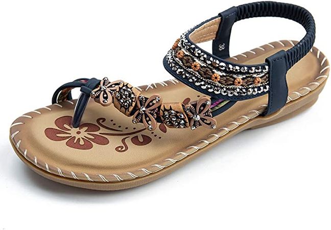 Womens Flats Sandals Summer Gladiator Bohemian Beaded Dress Shoes Comfortable Open Toe Elastic Ankle Strap Slip On Sandal | Flats