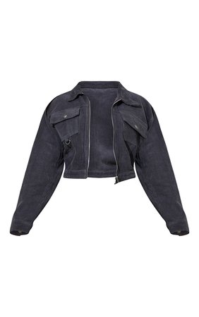 Grey Front Pocket Detail Cropped Cord Denim Jacket | PrettyLittleThing USA