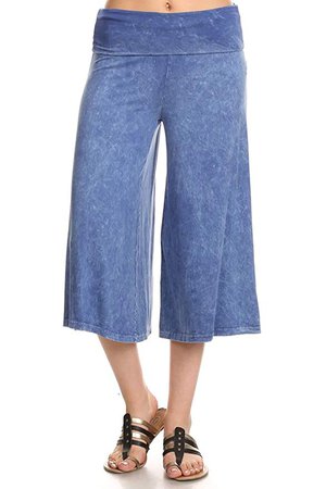 HEYHUN Women's Solid Mineral Washed Tie Dye Wide Leg Flared Capri Boho Gaucho Pants - Light Blue at Amazon Women’s Clothing store