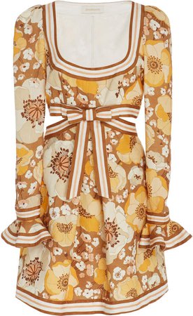 Cutout Floral-Print Linen Mini Dress