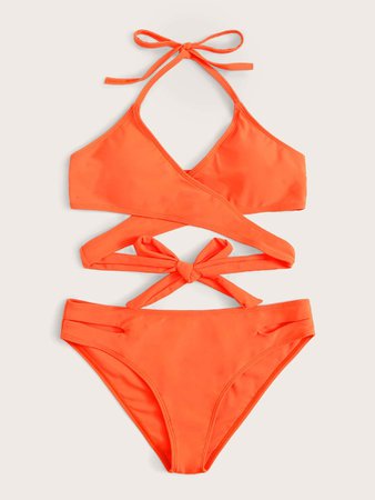Neon Orange Crisscross Wrap Bikini Swimsuit | ROMWE USA