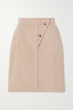 Leather-trimmed Cotton-corduroy Skirt - Beige