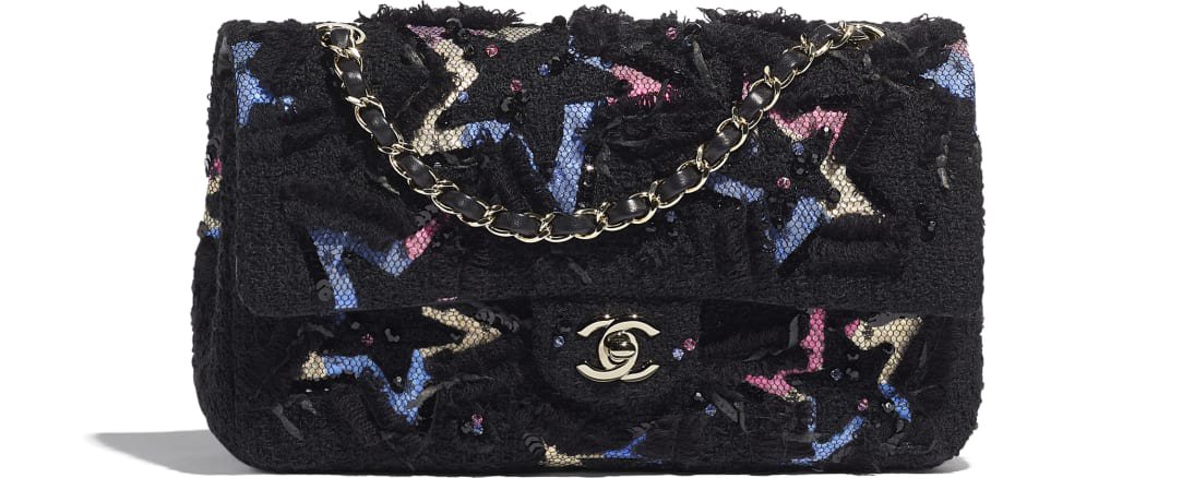 Classic Handbag, tweed, cotton, mixed fibers, sequins, glass pearls & gold-tone metal, black - CHANEL