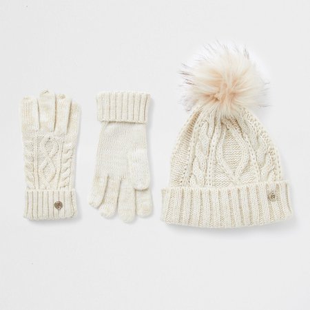 Beige cable knit hat and gloves gift set | River Island