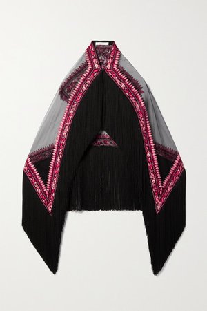 Fringed Embroidered Tulle Cape - Black