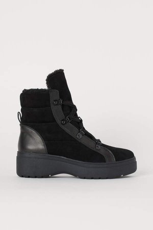 Warm-lined Suede Boots - Black