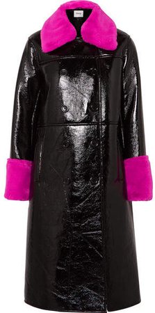 STAND - Bernadette Faux Fur-trimmed Crinkled-vinyl Coat - Black