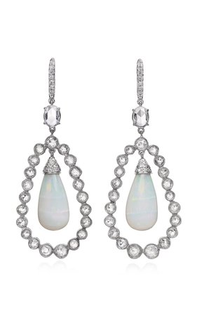 18K White Gold, Opal Drop and Rosecut Diamond Earrings by Nina Runsdorf | Moda Operandi