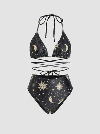 Star & Moon Knotted Tummy Control Bikini Swimsuit｜Cider