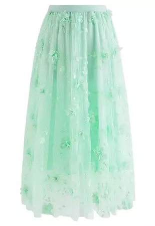 3D Mesh Flower Embroidered Tulle Midi Skirt in Mint - Retro, Indie and Unique Fashion