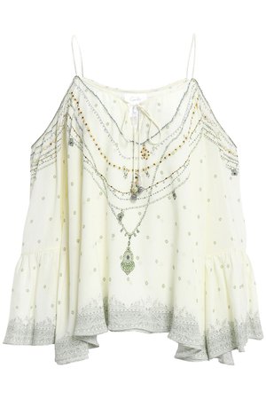 Cream Cold-shoulder embellished printed silk-georgette top | Sale up to 70% off | THE OUTNET | CAMILLA | THE OUTNET