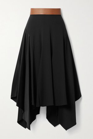 Black Asymmetric leather-trimmed crepe and satin midi skirt | Loewe | NET-A-PORTER