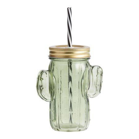 Green Glass Cactus Figural Drink Tumbler With Straw - World Market