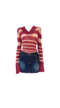 pink striped sweater and denim skirt outfit