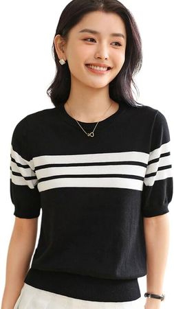 SHABADUER Women's Casual Striped Crew Neck,Short Sleeve T-Shirt at Amazon Women’s Clothing store