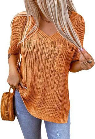 Asvivid Women's Short Sleeve V-Neck Knit Tops Loose Casual Side Slit Ribbed Shirts Orange S at Amazon Women’s Clothing store