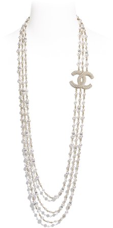 Long necklace, metal, glass and rhinestones, gold, mother of pearl white and glass - CHANEL